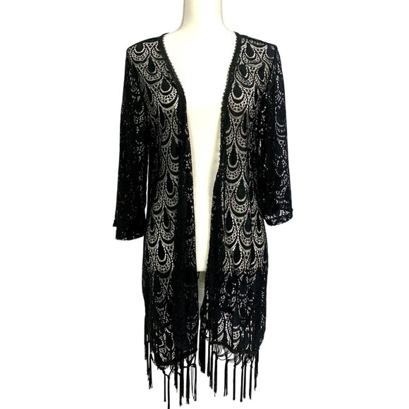 Whimsigoth Crochet Lace Fringe Black Open Front Kimono S Fairy Boho Vampire - Picture 1 of 8